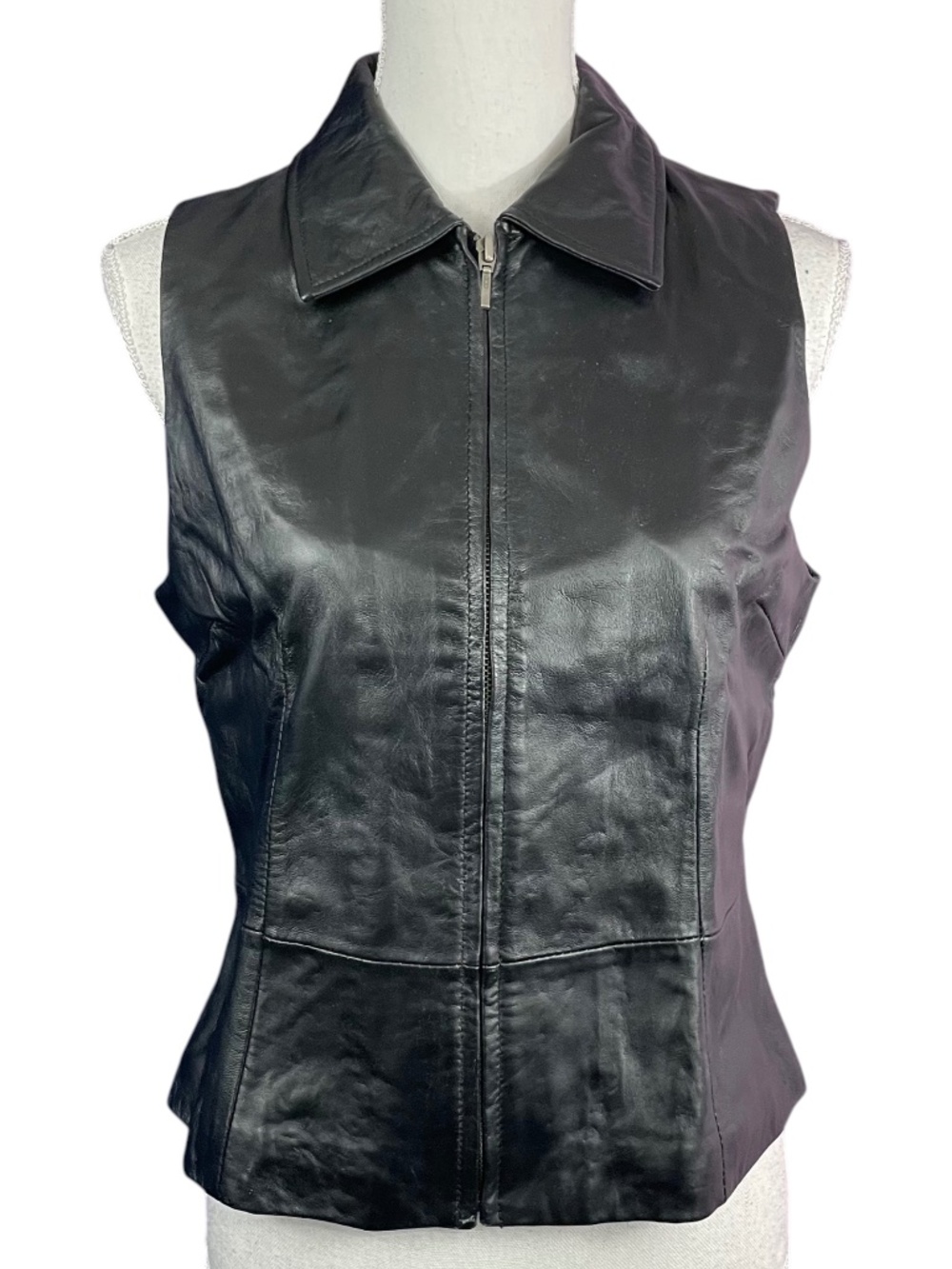 Lambskin Leather Biker Vest M Black Full Zip Collared Sleeveless Jacket Smooth